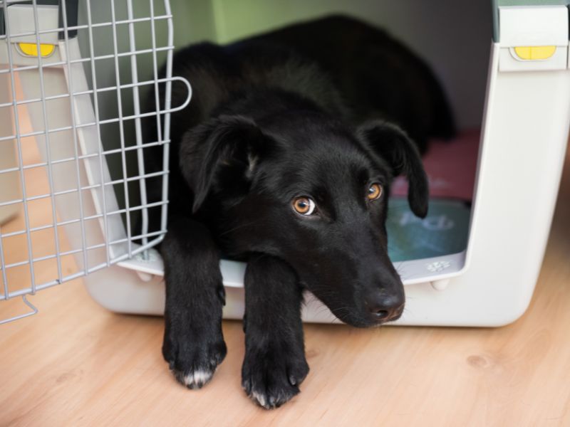 black dog in crate; Do dogs' ears pop on planes? Always take safety precautions before travel to reduce the risk of your dog's ears popping.